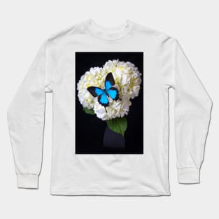 Blue Butterfly On White Hydrangea Long Sleeve T-Shirt